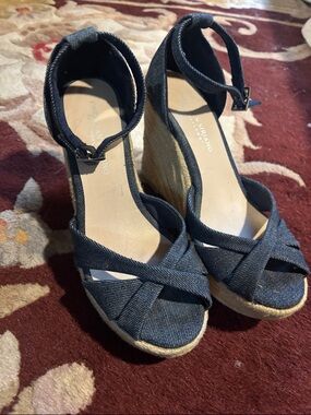 Christian Siriano Denim-Style Espadrille Wedge Sandals - Dark Blue